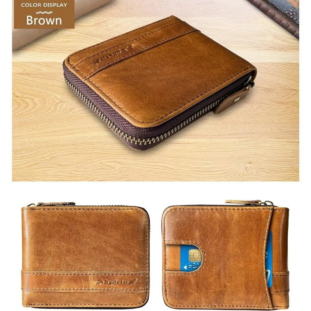 Men's Genuine Leather Dark Tan Short Zip Around Pockets Bifold Wallet Card